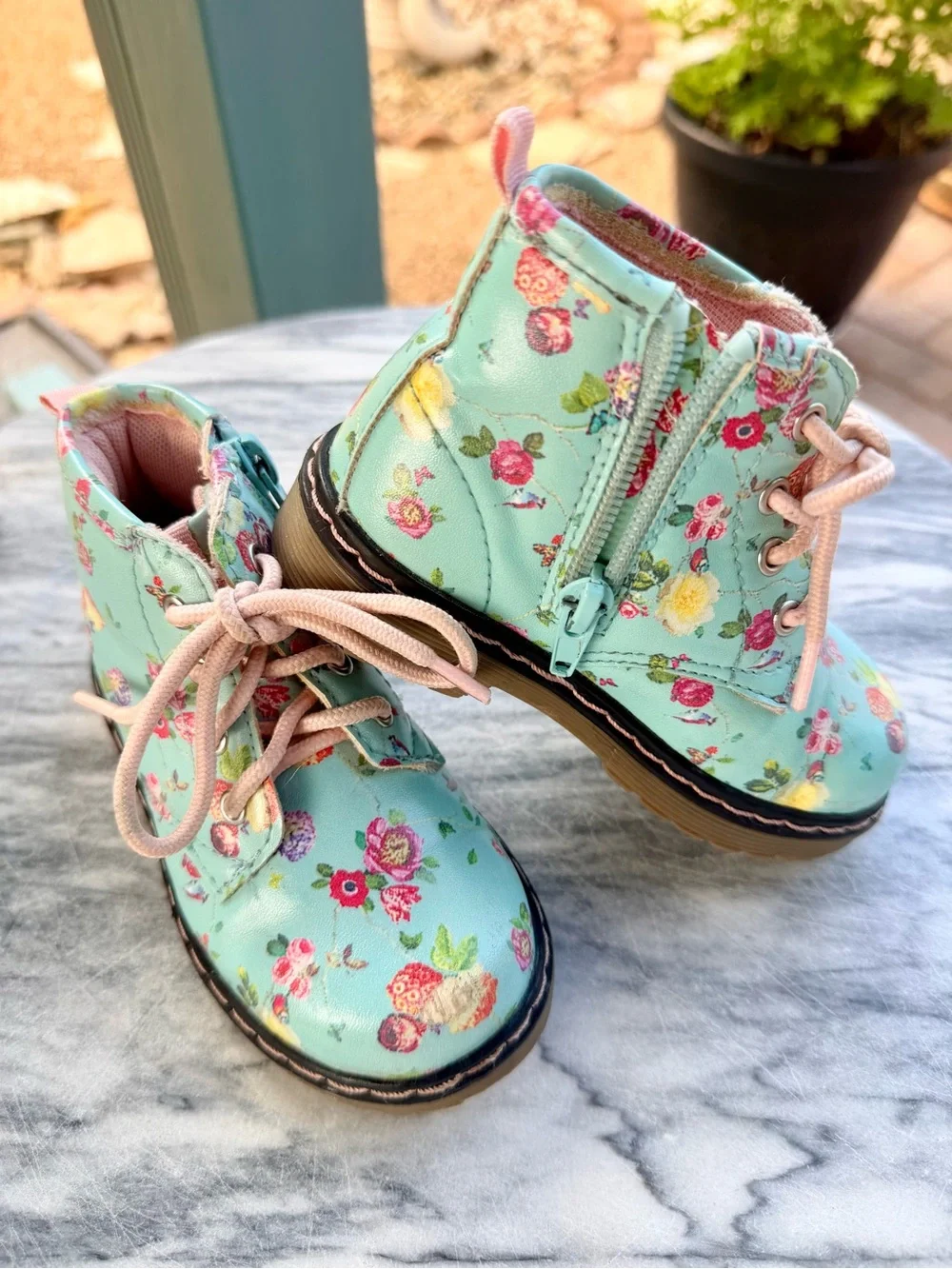 UK Brand Mint Floral Lace-Up Toddler Girls Combat Boots